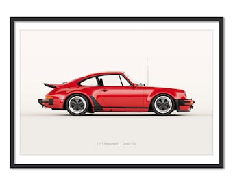 May include: A framed print of a red 1975 Porsche 911 Turbo 930. The classic sports car is shown in profile against a white background. The car has black wheels and a rear spoiler. The text "1975 Porsche 911 Turbo 930" is printed below the car.