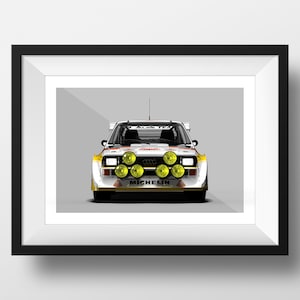 May include: A white Audi Quattro rally car with yellow headlights and a Michelin tire logo on the front bumper.