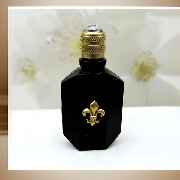 Miniature de parfum vide vintage forme rectangulaire noir decor fleur de lys - 6 cm de haut - Livré dans un pochon