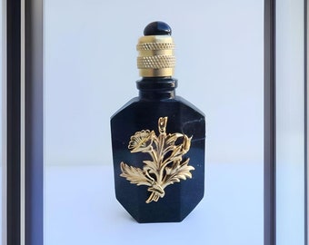 Empty rectangular black perfume miniature with bouquet decoration - 6 cm high - Delivered in a pouch