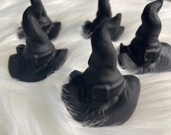 Black Obsidian Witch Hat | Black Matte Wizard Hat | Crystal Carvings | 2 inch | Halloween Crystal