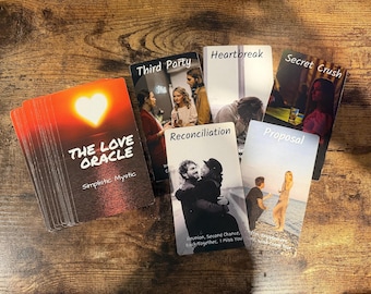 May include: A deck of The Love Oracle cards featuring a sunset heart graphic on the box and individual cards labeled Third Party, Heartbreak, Secret Crush, Reconciliation, and Proposal, each displaying photographic imagery and descriptive text.