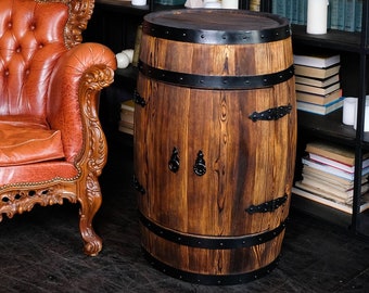 Armoire à liqueurs, Armoire à boissons, Barrel bar en bois naturel, Version exclusive avec lumières LED