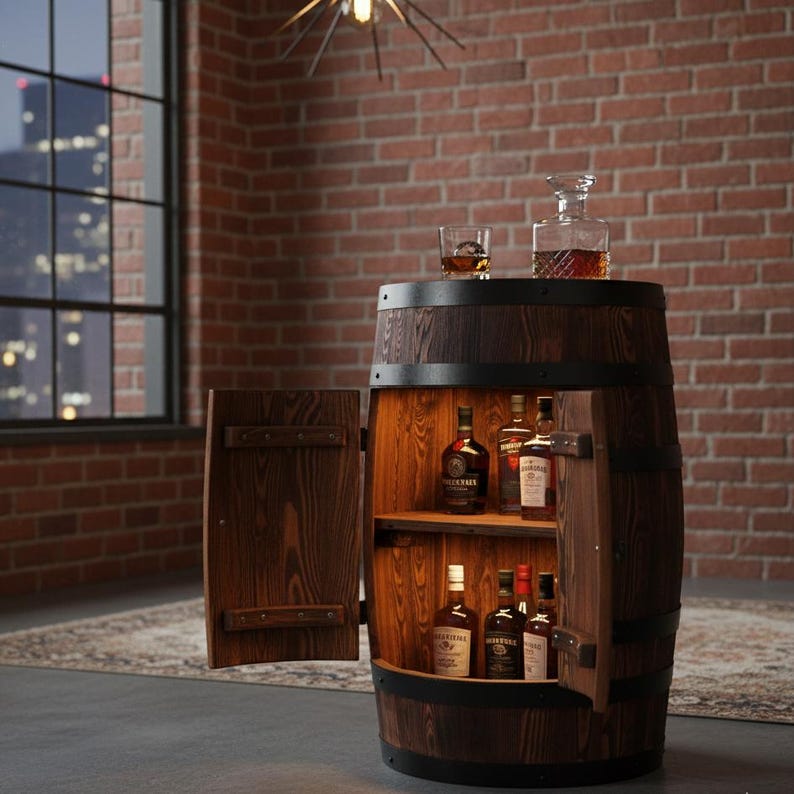 Fassbar aus Holz with LED Rollen, Barschrank, Weinregal Fass | Spirituosenschrank Rustikale Hausbar | Mobiler Barwagen | Geschenk für Männer image 2
