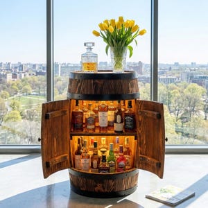 Fassbar aus Holz con LED Rollen, Barschrank, Weinregal Fass | Spirituosenschrank Rustikale Hausbar | Barwagen móvil | Geschenk für Männer
