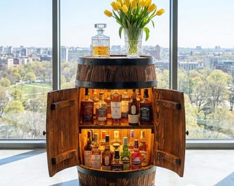 Fassbar aus Holz con LED Rollen, Barschrank, Weinregal Fass | Spirituosenschrank Rustikale Hausbar | Barwagen móvil | Geschenk für Männer