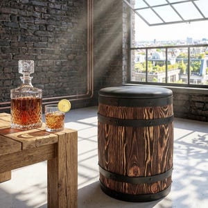 Op de afbeelding: Een houten kruk in de vorm van een vat met een zwart gevoerde bovenkant en metalen banden. Een kristallen karaf en een whiskyglas met een schijfje citroen staan op een houten tafel. De kamer heeft een bakstenen muur en uitzicht op de stad.