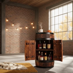 Fassbar aus Holz with LED Rollen, Barschrank, Weinregal Fass | Spirituosenschrank Rustikale Hausbar | Mobiler Barwagen | Geschenk für Männer image 3