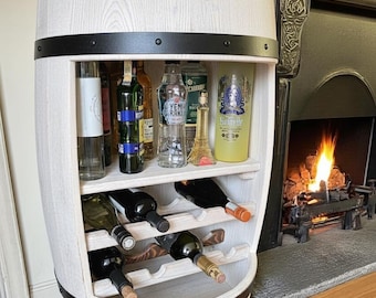 White Loft Barrel Bar with RGB LED Lighting | Modern Open Drinks Cabinet | Industrial Home Bar Decor | Unique Gift for Him | Fassbar Weiss