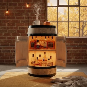 Può includere: Un mobile bar a forma di botte in legno con fasce metalliche nere e due ante. L'armadio è pieno di varie bottiglie di liquore e illuminato con un'illuminazione calda. Una tazza di caffè e una piccola zucca sono in cima.