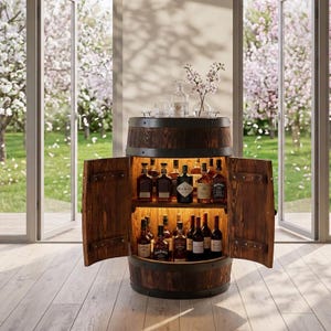 Crea il bar dei tuoi sogni: mobiletto rustico per liquori a forma di botte da 80 cm, mobiletto per cocktail fatto a mano, LED intelligente + portabicchieri da vino + ruote, Fassbar