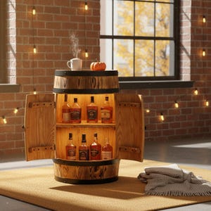 Mobile bar a forma di botte gialla, mobiletto rustico per liquori con luci a LED, mobiletto per bevande fatto a mano, Fassbar, Casier à Vin