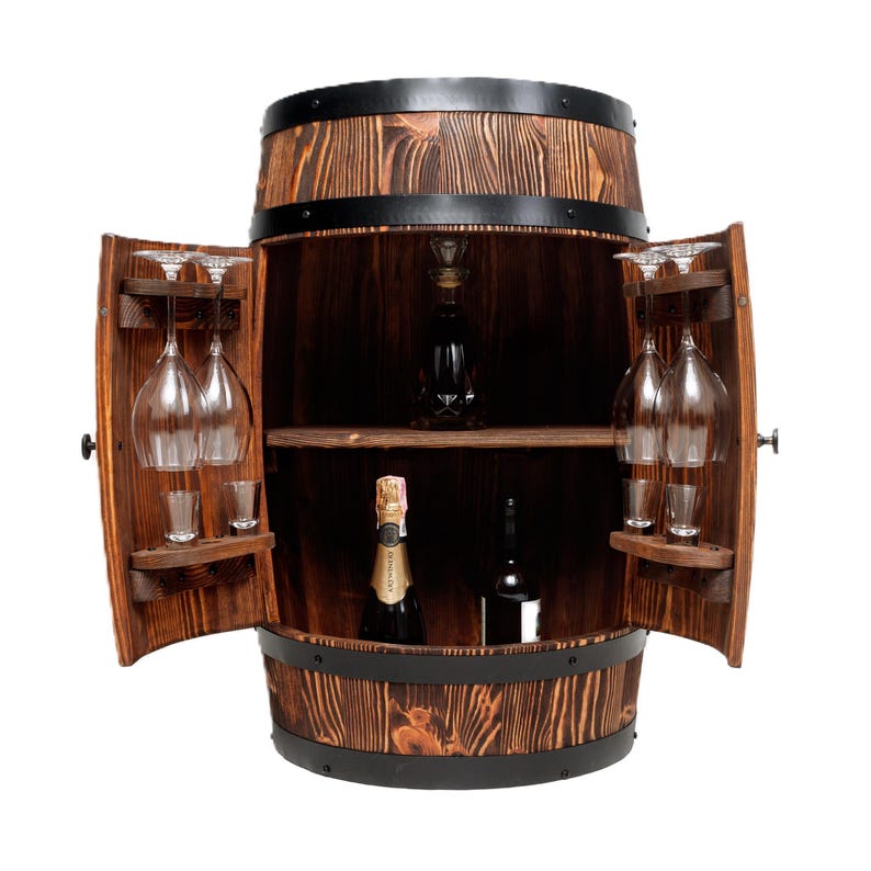 Fassbar aus Holz with LED Rollen, Barschrank, Weinregal Fass | Spirituosenschrank Rustikale Hausbar | Mobiler Barwagen | Geschenk für Männer image 17