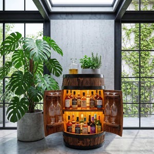 Rustieke drankkast in de vorm van een vat met ledverlichting en glashouder, handgemaakte whiskybar met plank, houten thuisbar, cadeau voor mannen