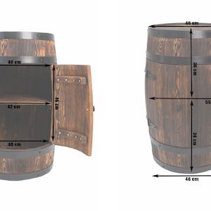 May include: A wooden barrel cabinet with two doors and a shelf inside. The cabinet is 40 inches wide, 46 inches tall, and 40 inches deep. The cabinet is made of brown wood and has black metal accents.