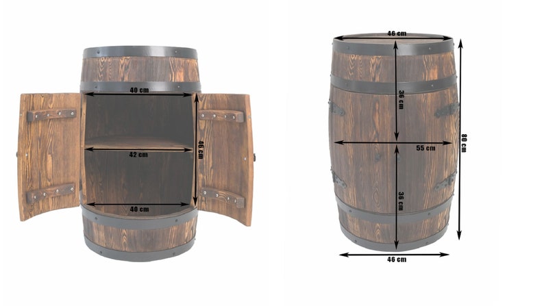 May include: A wooden barrel cabinet with two doors and a shelf inside. The cabinet is 40 inches wide, 46 inches tall, and 40 inches deep. The cabinet is made of brown wood and has black metal accents.