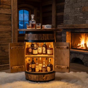 Può includere: Un mobile bar a forma di botte in legno con una macchia scura, con un ripiano superiore con una caraffa e bicchieri. Il mobile bar ha due ante che si aprono per rivelare ripiani con varie bottiglie di liquore. L'interno è illuminato e il mobile bar poggia su un soffice tappeto bianco.