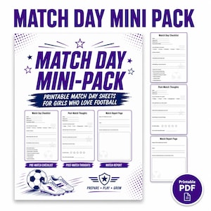 Könnte beinhalten: Ein druckbares Match Day Mini Pack mit violettem Text und Grafiken auf weißem Hintergrund. Die Blätter enthalten Abschnitte für eine Checkliste, Gedanken nach dem Spiel und einen Spielbericht, verziert mit Fußball- und Schuhillustrationen.