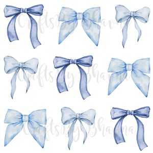 May include: Nine watercolor illustrations of blue bows. The bows are in various styles and sizes, with some having a more faded look than others.