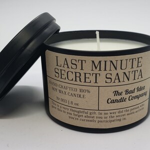 Last Minute Secret Santa Christmas Wreath Scented Candle | 8 oz Soy Candle | Black Tin