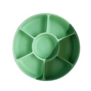 May include: A round, light green silicone divided plate with six sections. The plate is perfect for serving snacks, dips, or small meals.