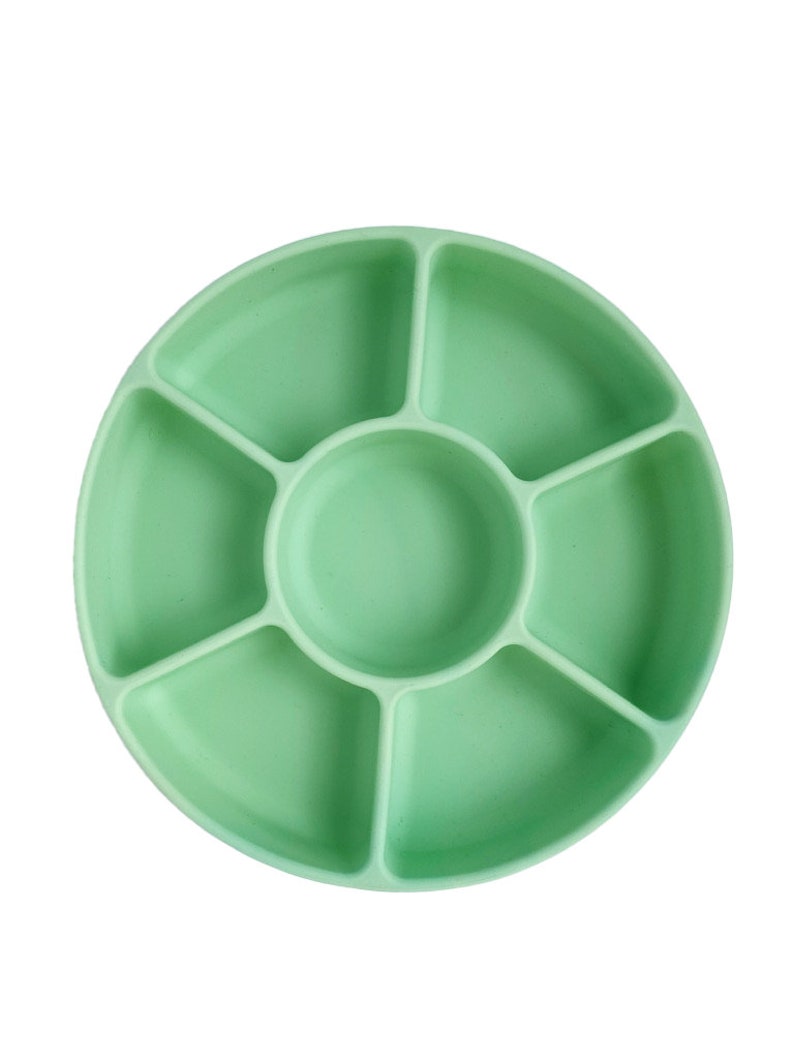 May include: A light green silicone divided dish with six sections. The dish is round and has a raised center section.