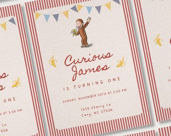 Curious George Birthday Invite - Ready to Edit Canva Template