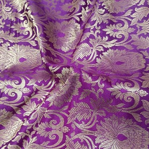 Purple & Gold Floral Silk Brocade Fabric - Indian Wedding Dress Material