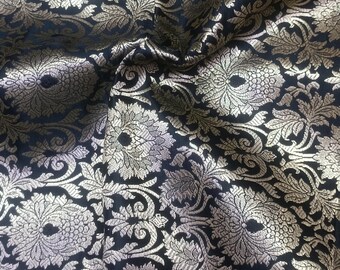 Indian Luxury Vintage Black & Gold Silk Brocade Fabric, Indian Wedding Brocade Bridal Dress Material