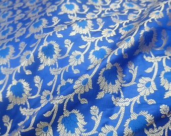 Luxury Indian Silk Brocade Fabric, Royal Blue and Gold Fabric, Brocade By The Meter, Indian Brocade Fabric For Bridal Wedding Dress Fabric
