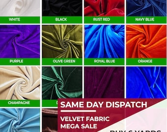 May include: A selection of 12 velvet fabric swatches in various colors, including white, black, rust red, navy blue, purple, olive green, royal blue, orange, champagne, dark green, burgundy, and royal blue. The text "SAME DAY DISPATCH" and "VELVET FABRIC MEGA SALE" is displayed in white text on a red background. The text "BUY 6 YARDS, GET 4 YARDS FREE" is displayed in white text on a black background.
