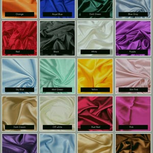 May include: A grid of twenty fabric swatches in various colors including orange, royal blue, dark green, blue gray, red, black, white, purple, sky blue, mint green, yellow, skin pink, dark cream, off white, rust red, pink, deep purple, ice blue, gold, and brown.