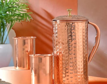 Hand Hammered Copper Pitcher with Tumblers: Ayurvedic Drinkware Set