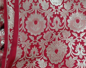 Red & Gold Floral Silk Brocade Fabric: Luxury Wedding Dress Material