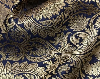 Navy Blue Gold Brocade fabric, Brocade Lehenga Indian, Jacquard Damask Luxury Wedding Bridal fabric, Home Decor Fabric by the yard meter