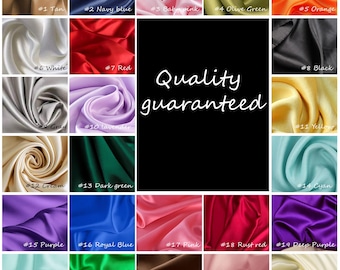 May include: A chart of 24 different colors of satin fabric swatches. Each swatch is labeled with a number and a color name. The text "Quality guaranteed" is in the center of the image.