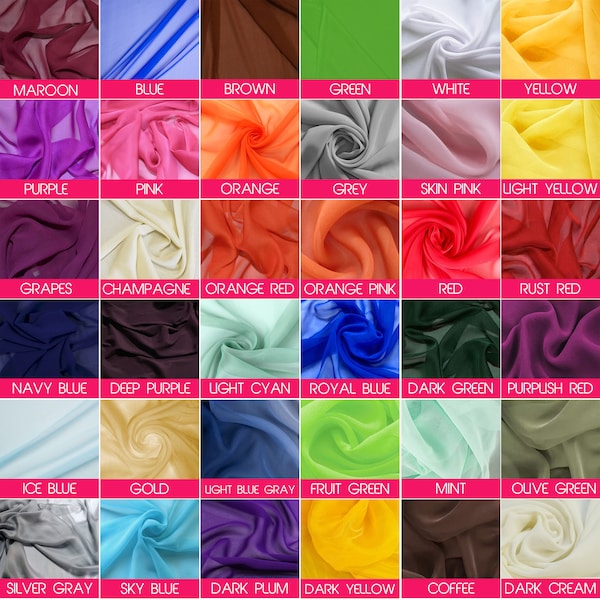 30 Color Silk Premium bright Georgette Chiffon Plain Crepe Dyed Fashion Fabric 60" Decoration, Craft & Dress use in USA, uk and canada