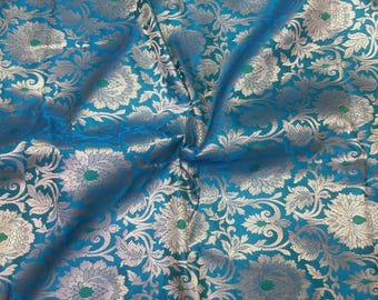 Luxurious Brocade Fabric By The meter, Indian Brocade Fabric, blue and Gold Brocade Fabric, Wedding Indian Brocade Bridal Dresses Fabric