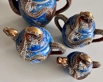 Set of 4 Satsuma teapot, milk jug, Mid-century, Gheisha Lithophane pattern, 1950s, with dragon, dragonware tea set, vintage, blue, 1950s