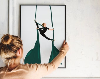 Decoración de pared con telas aéreas, dibujo de acróbata aéreo. Regalo para acróbatas aéreos, arte aéreo.