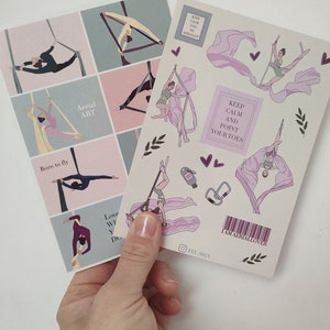 Juego de 2 (DOS) pegatinas de seda aérea. Pegatinas aéreas ilustradas. Pañuelo aéreo. Regalo de circo. Danza aérea, regalo de seda aérea, pegatina aérea.