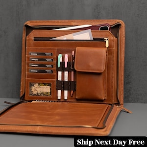 Monogrammed Leather Zipper Portfolio, Custom Executive Padfolio, Engraved Office Gift,Professional Leather Folder,Business Meeting Portfolio