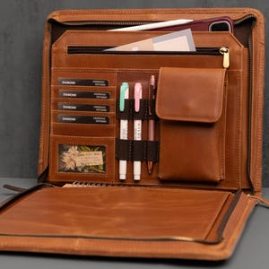 Portafolio de cuero con monograma y cremallera, regalo para el Día del Padre, bolso profesional de cuero para negocios, portafolio ejecutivo personalizado para el cumpleaños de papá.