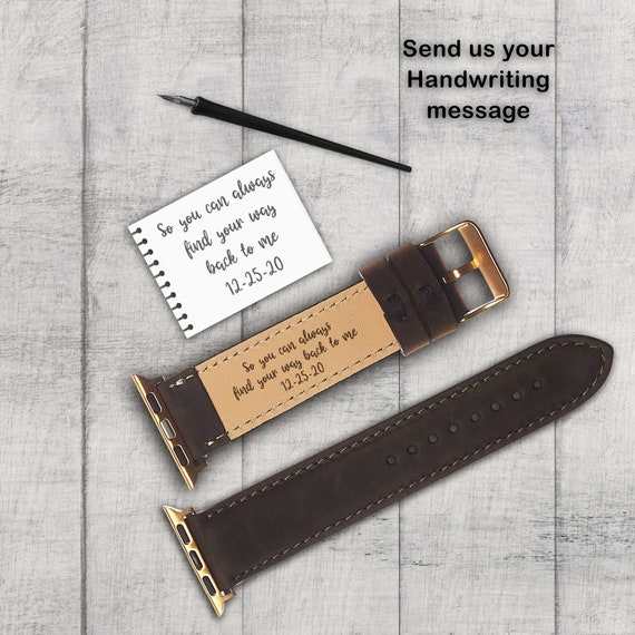 Leather Apple Watch band engraved with your *actual handwriting* — transferring a personal note or signature directly onto a daily-wear accessory is a genuinely clever and intimate idea.
