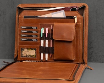 Personalized Leather Portfolio with Zipper, Personalized Business Padfolio, Engraved Company Logo Gift, Professional Organizer for Employees
