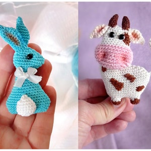 2 in 1 PATTERN Bunny Cow Magnet Keychain Small Toy Brooch Crochet PDF Animal Amigurumi Jewelry