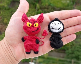 2 in 1 PATTERN crochet Halloween baby devil grim reaper brooch crochet pdf amigurumi jewelry pin keychain pendant