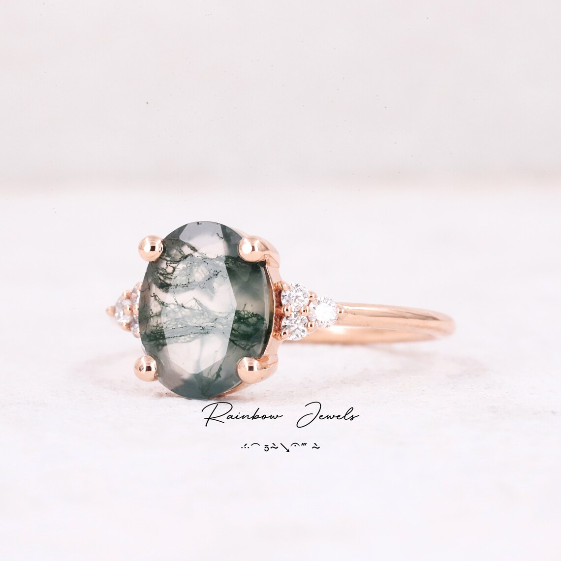 Oval Moss Agate Engagement Ring Cluster Engagement Ring Etsy