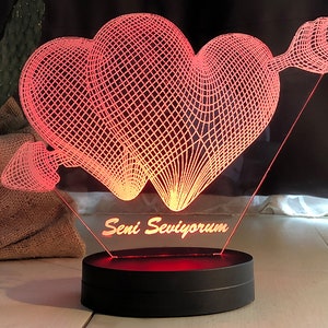 Double Heart Led Lamp, Romantic Gifts For Couples, Personalized Night Light, Custom Two Hearts Led Table Lamp