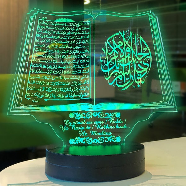 Luz nocturna de ilusión 3D del Corán, caligrafía islámica, cabecera religiosa, lámpara nocturna colorida del libro sagrado